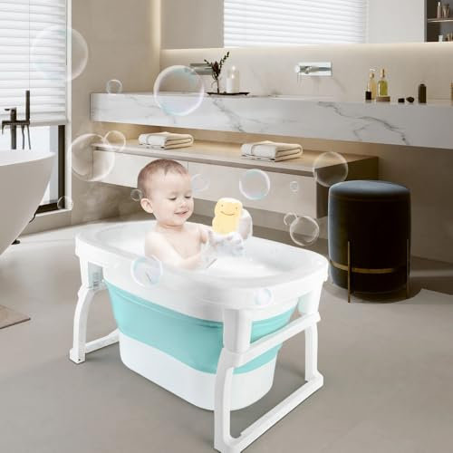 Baby Badewanne Faltbare Babybadewanne, Baby Bathtub Babywanne Wanne Faltbar mit Badewannenhocker, Rutschfeste Tragbare Reisedusche Badebecken Duschwanne für Neugeborene (Blau, 72 * 51 * 42cm)