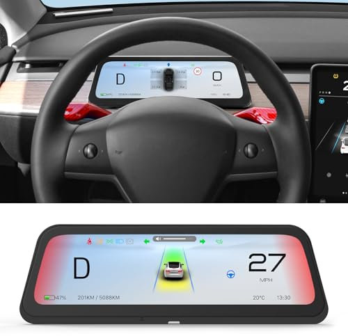 Upgraded Heads Up Display for Tesla Model Y 2019-2024 & Model 3 2017-2023 – 9.66 Anti-Glare Display, Blind Spot Alerts, Rainbow Road, Wireless CarPlay/Android Auto, Battery/Dashboard Data Sync