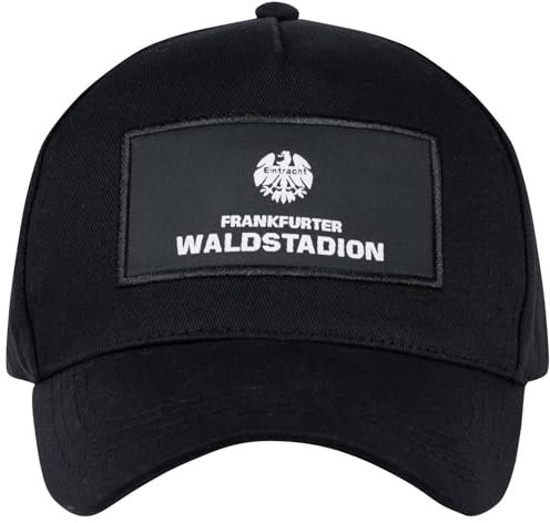 Original Eintrahct Farnkfurt Waldstadion Unisex Basecap mit 80er Logo, Eintracht Farnkfurt Cap Größenverstellbar Farbe schwarz mit Waldstadion Badge mit Logo und Schriftzug, 100% Biobaumwolle