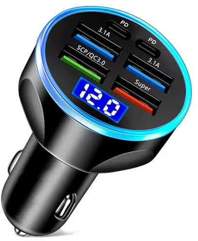 6 Puertos Cargador Movil Coche 250W QC3.0 & PD y medidor Digital Voltaje Batería Coche Cargador Mechero de Automóvil USB Carga Rapida USB con Voltímetro LED Compatible con Todos los móviles 51CH023BI
