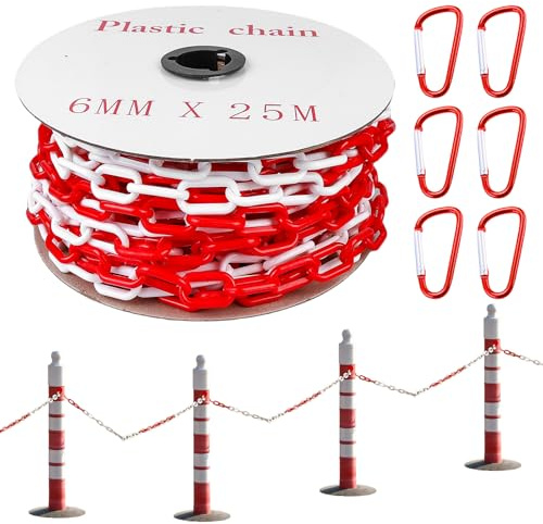 25m Absperrkette, 6mm Absperrkette Kunststoffkette, Rot Weiß Plastikkette/Kunststoff Warnkette, Baustellensicherungskette, Kunststoff-Gliederkette zum Absperren für Warnsicherheit Parkplatz