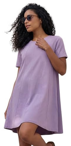 Roman Originals Cotton Panelled Swing Stretch Dress for Women UK - Ladies Everyday Holiday Spring Summer Round Neckline Comfy Soft Evening Vacation Work Party - Lavender - Size 20