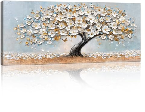 Weiß Gold Floral Blüte Kirsch Baum Großes Leinwandbilder Bilder Mit Rahmen, Natur Floral Bäume Bild auf leinwand Wandkunst Modern Wandbilder XXL Kunstdruck Deko für Wohnzimmer Schlafzimmer 120x50cm
