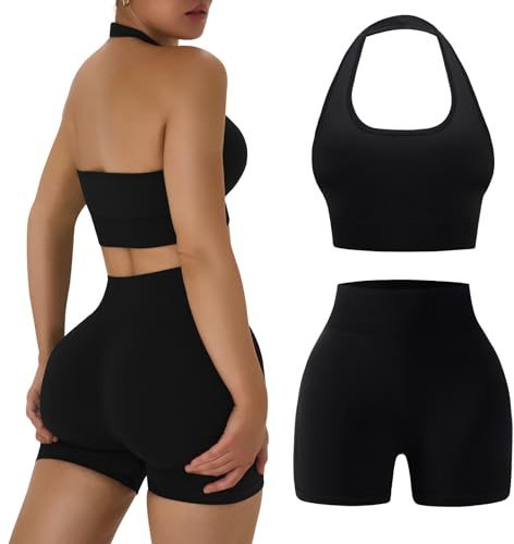 OLCHEE Workout Sets for Women 2 Piece Backless Halter Sports Bra High Waist Booty Shorts Yoga Gym Outfits Lounge Activewear - Solid Black Large