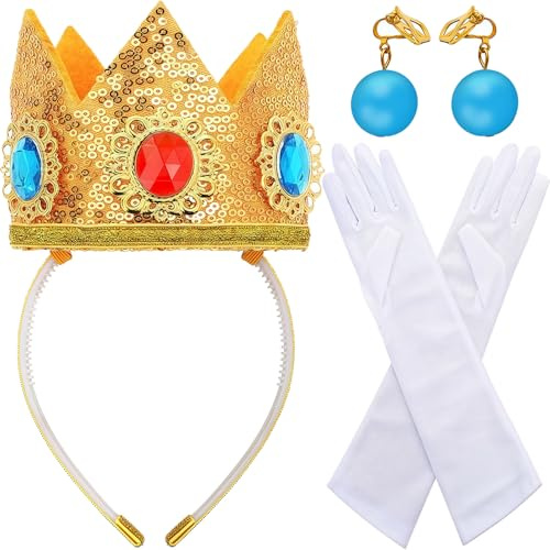 Prinzessin Kostüm Zubehör Set 3 teilig für Damen & Mädchen - Peach Cosplay Accessoires mit Goldener Krone, Langen Weißen Handschuhen & Blauen Clip-Ohrringen Perfekt für Karneval, Fasching & Halloween