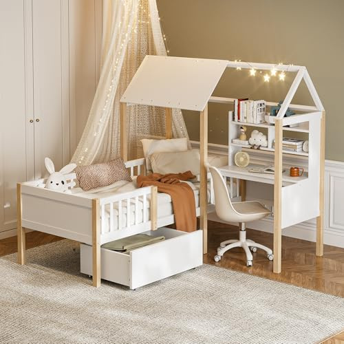 Soweiz Kinderbett 90x200 cm mit Rausfallschutz und Lattenrost, L-förmigem Schreibtisch und Bücherregal, Schubladen mit Rollen, multifunktionales Hausbett aus Massivholz, weiß