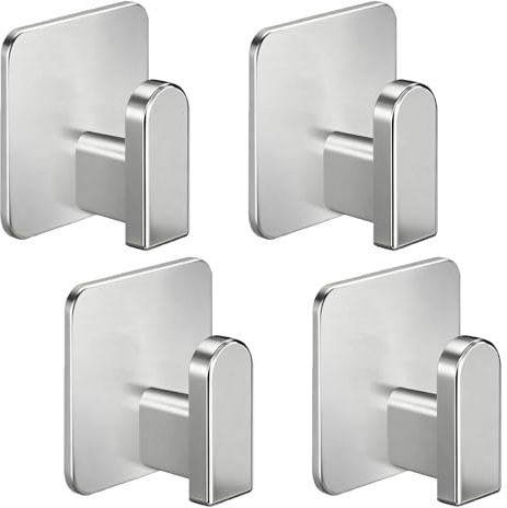Wsetyy 4 Pack Self Adhesive Hooks Heavy Duty Stainless Steel No Drill Wall Hooks for Towels Coats Bathrobes Door Kitchen Bathroom (Classic, 4, Count)