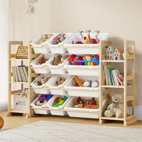 EXPERLAM Extra Large Toy Storage - Toy Storage Organizer, Wooden Toy Organizer with 6 Side Shelves and 12 Bins, 3-in-1 Bookshelf for Kids Rooms, Playroom, Nursery