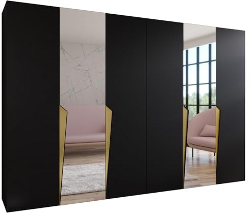 MEBLE KRYSPOL - Kleiderschrank - Garderobenschrank - 300 cm x 202 x 52 cm - Schrank mit Kleiderstange und Spiegel, 6 Türen - für Schlafzimmer, Flur - Piano, Schwarz, Griff Gold