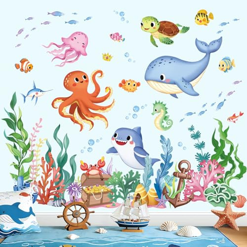 wondever Wandtattoo Meer Fisch Wandaufkleber Meerestiere Ozean Oktopus Seetang Gras Wandsticker Babyzimmer Unterwasserwelt Wanddeko für Kinderzimmer Badezimmer