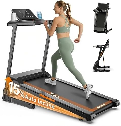 JOLAUF Laufband mit 15% Auto-Steigung für intensives Workout | 3-PS-Motor,1-14km/h,12 Programme, LED-Display,bis 136kg,Dämpfung