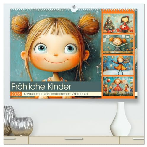 Fröhliche Kinder. Bezaubernde Schulmädchen im Ölbilder-Stil (hochwertiger Premium Wandkalender 2026 DIN A2 quer), Kunstdruck in Hochglanz: Fröhliche ... niedlicher Schulkinder (CALVENDO Menschen)