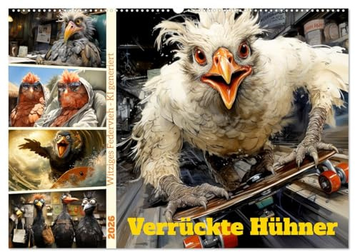 Verrückte Hühner (Wandkalender 2026 DIN A2 quer), CALVENDO Monatskalender: Witziges Federvieh in bunten Illustrationen - KI generiert (CALVENDO Spass)