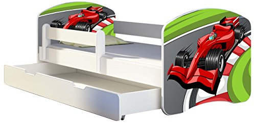 Kinderbett Jugendbett mit einer Schublade und Matratze Weiß ACMA II 140 160 180 40 Design (180x80 cm + Bettkasten, 06 Formel 1)