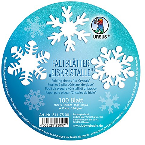 Ursus 3117500 - Faltblätter Eiskristalle, 100 Blatt Tonzeichenpapier 130 g/qm, hochweiß, Durchmesser ca. 12 cm, durchgefärbt, hohe Farbbrillanz und Lichtbeständigkeit, inklusive Bastelanleitung