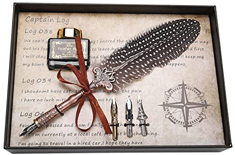 Dpofirs Feather Pen, Retro Classical Fountain Pen Feather Dip Pen Ink Bottle Set Stationery Gift Box for Birthday, Friend, Teacher, Family(black)