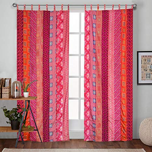 2-teiliges Set, indisches Vintage-Seiden-Mischgewebe, Patola-Sari-Stoff, handgefertigt, Patchwork, Tür, Fenster, Stange, Tasche, Heimdekoration, Vorhänge, Vorhang-Set (rosa Streifenaufnäher, 213,4 x