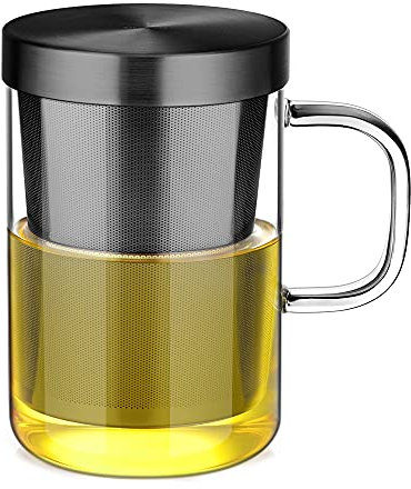 ecooe 500 ml (volle Kapazität) Glas Teetasse mit Edelstahl Sieb und Deckel Teeglas Teebecher aus Borosilikat Teetasse für Tee Grüner Tee Fruchttee Teebeutel