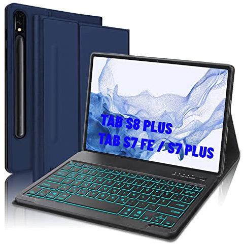 JADEMALL Tastatur Hülle für Samsung Galaxy Tab S8 Plus /S7 FE/S7 Plus 12.4 Zoll 2021, Deutsche QWERTZ Kabellose Bluetooth Magnetisch Beleuchtet Tastatur mit Hülle (Navy blau)