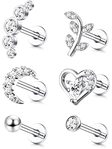 Adramata 6Pcs 16G Knorpel Tragus Ohrstecker Für Damen Herren Ohrringe Innengewinde CZ Mond Herzblatt Helix Conch Labret Monroe Ohrpiercing Schmuck