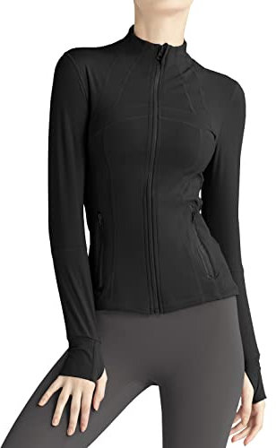 Locachy Damen-Sportjacke mit durchgehendem Reißverschluss, enge Passform, ideal für Laufen, Training und Workout, mit Taschen, Schwarz, XS