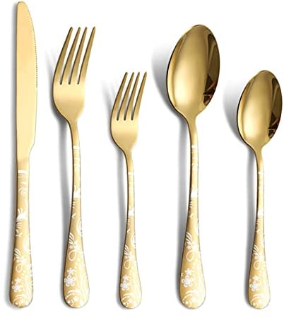 Jxkgenix cubiertos acero inoxidable para 4 personas, 20 piezas juego de cubertería incluye cuchillo, tenedor, cuchara, pulido espejo, apto para lavavajillas (Oro)