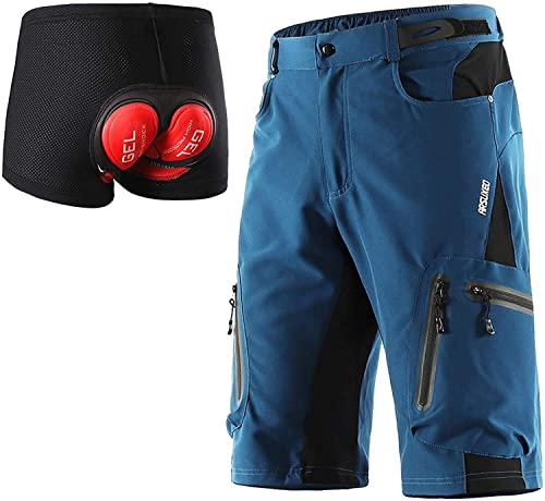FASCINATDECO Herren MTB Hose mit 3D Sitzpolster Radhose Kurz Männer Fahrradhose, Schnelltrocknend Atmungsaktiv Herren Radlerhose Mountainbike Hose (Dunkelblau mit Pad,XXL)
