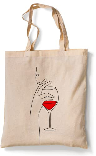 tradercat Jutebeutel bedruckt vintage 100% Baumwolle, Stoffbeutel bedruckt, One Line Art Woman Silhouette, jutebeutel aesthetic als modisches Accessoire jutebeutel spruch (Wine and Cigarette)
