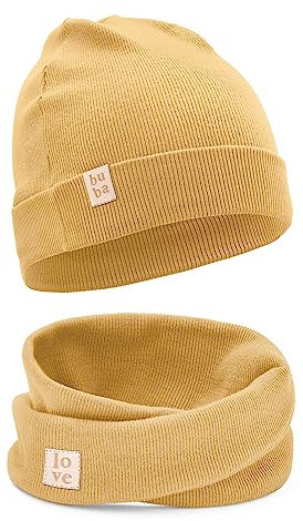 Bubalove Mützen und Schalset für Jungen, Mädchen, baby, Größen 0mc bis 12 Jahre+ viele Farben, Frühlings-, Herbstsets, Baumwollmützen, handgenäht (46-52 cm, senffarben)