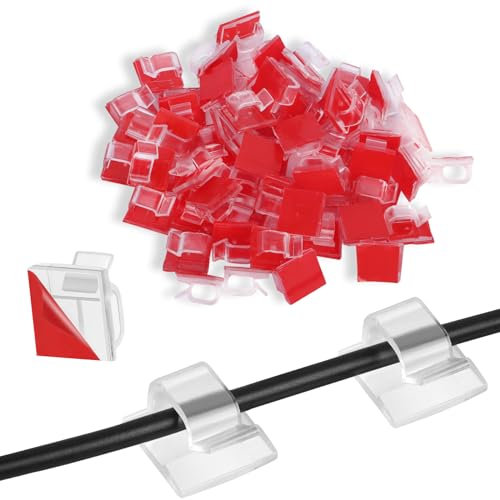 60/120PC Adhesive Cable Clips Outdoor Light Wire Clips, Cable Tidy Hooks Cord Organiser Holder, for Cable Management, Christmas Hanging Decorations Fairy Light,Car, Under Desk(Clear, Red) (120)