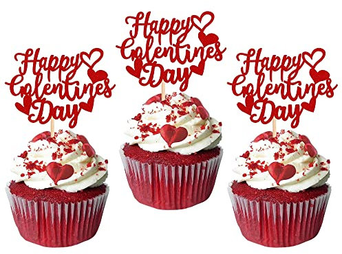 Xsstarmi Cupcake-Topper Happy Valentine's Day, roter Glitzer, süße Liebe, Valentinstag, Geburtstag, Party, Kuchendekoration, 36 Stück
