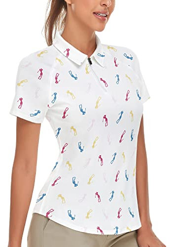Soneven Poloshirt Damen Weiss Kurzarm Atmungsaktiv Slim Fit Polo UPF 50+ 1/4 Reißverschluss für Golf Outdoor Sport Sommer Tennis(weißer Druck, L)