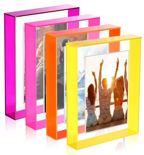 Kathfly 4 Pcs 5x7 Floating Picture Frame Acrylic Frames for Wall Mounted or Tabletop Standing Decorative Magnetic Photo Frames Neon Translucent Hanging Frame, Display Photo up to 7x9 (Bright Colors)