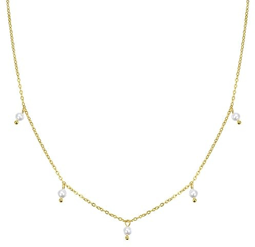 Happiness Boutique Damen Halskette mit Perlen-Anhängern | Wasserfeste Perlen Kette aus Edelstahl in Gold - Rosegold, Silber | Filigrane Perlenkette