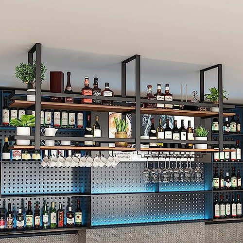 Hanging Wine Rack - Metal Ceiling Wine Glass Rack, 2-Layer Industrial Hanging Wine Bottle Holder with Stemware Glass Shelf, Display Wine Storage Holder, for Bar Cafe Kitchen (Black, 80×30×80cm)