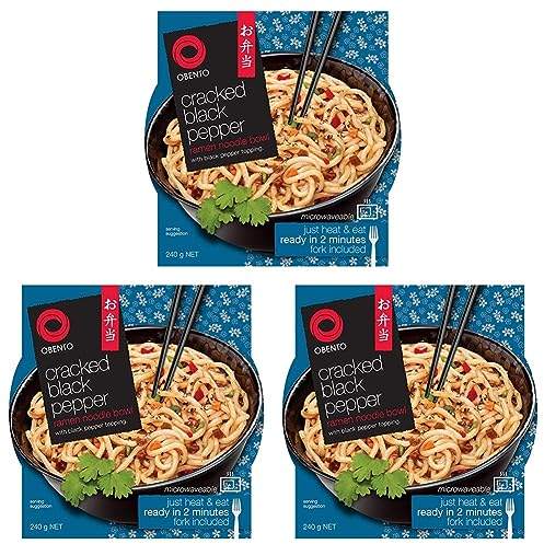 Obento Cracked Black Pepper Ramen Noodle Bowl (Fertiggericht für die Mikrowelle), Schwarzer Pfeffer, 240 gramm (Packung mit 3)