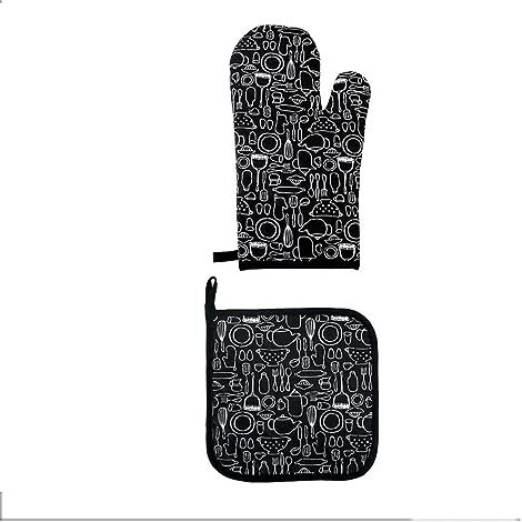 Oven Gloves Kitchen Gadgets Mitts with Cutlery Pattern Oven Gloves Set Oven Gloves Heat Resistant Black Cooking