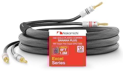 Nakamichi Excel Series Conector tipo banana chapado en oro de 24 quilates con cable de altavoz (6 pies) 99.9% cobre libre de oxígeno (OFC) trenzado resistente - Negro (12 AWG / 6 pies / 1.8 m)