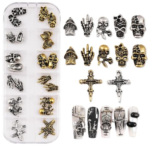 Schädel Nagel Kunst Charms, 12 Raster Metall Halloween Nail Charms, 3D Kreuz Totenkopf Nagel Schmuck, Retro Legierung Nail Art Dekorationen für DIY Halloween Party Supply (A)