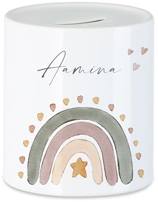 Manufaktur Liebevoll Personalisierte Kinder Spardose Regenbogen Namen Geldgeschenk Geburt Taufe Taufgeschenk Baby Geschenk Geburtstagsgeschenk Sparschwein Sparbüchse Keramik Mädchen (Motiv Regenbogen)