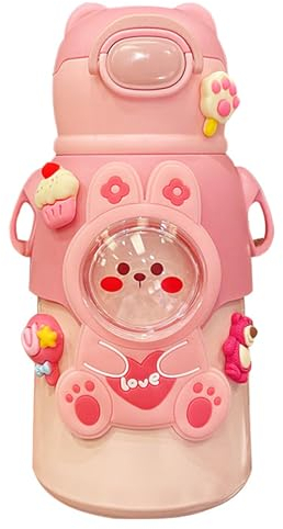 Yolispa Botella de agua Kawaii de 500 ml para botella de agua aislada de acero inoxidable con cepillo y adhesivo 3D para mantener el calor y el frío