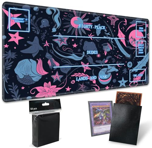 TCG Playmat Board Game Mat Plus 50 Pcs Card Sleeves, 24 x 14 inches Table Mats Games Mousepad with Zones Non-Slip Rubber Back for MTG RPG CCG Trading Card Game Play Mats, Manga Universe