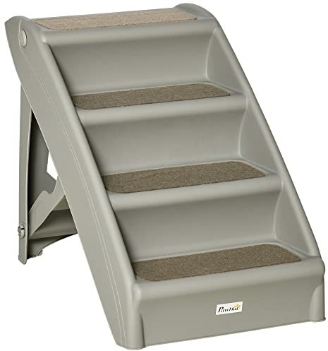 PawHut Escalera Plegable para Mascotas de 4 Peldaños Escalón para Perros Gatos Portátil con Alfombras Antideslizantes para Cama Sofá Carga 20 kg 62x38x49,5 cm Gris