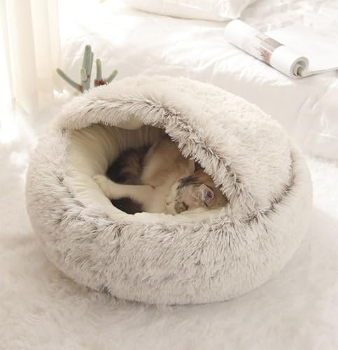 LINGXIYA Flauschiges Hundebett, Hunde-Beruhigungsbett, Rund Halb Geschlossener Hundekorb, Warmes, Weiches Plüsch Hundekissen, Haustierbett mit Rutschfester Unterseite für Kleine Hunde und Katzen