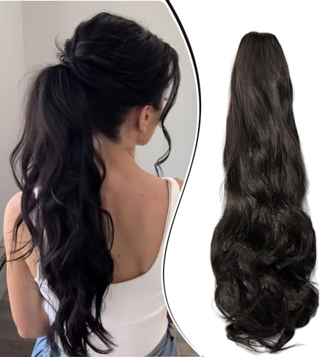 Dcbaboo Pferdeschwanz Haarteil Zopf Extension mit Klammer Wellige Lang Ponytail Extensions Haarverlängerung Clip Synthetik Gewellte Pferdeschwanz Haarextension Zopf, 45cm Dunkelbraun