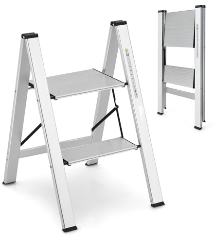 SOARS Trittleiter 2 Stufen klappbar, Leiter aus Aluminium, Klapptritt mit rutschfesten Füßen, leichte & tragbare Haushaltsleiter Stehleiter Treppenleiter, bis 150 kg belastbar