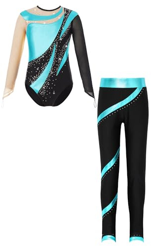 Linjinx Turnanzug Mädchen Langarm Kinder Ballettanzug Glitzer Gymnastikanzug mit Sporthose Leggings Ballettbody Tanzbody Trikotanzug Tanzkostüm Blau Grün 134-140