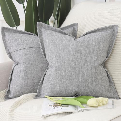 Madizz 2er Set Leinen Kissenbezügen mit breiter Kante Weiche dekorative Kissenbezüge für Sofa Schlafzimmer Kissenhülle Hellgrau 60x60 cm Quadrat