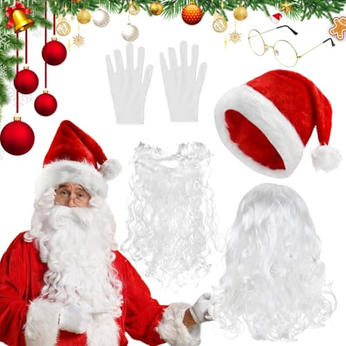 LPAMABA 5er Set Weihnachtsmann Bart Perücke Nikolaus Santa Claus Bart Perücke Weihnachtsbart Weihnachtsmann Mütze Nikolaus Santa Claus Mütze Weihnachtsmütze Weihnachtsmann Hanschuhe Brille Zubehör