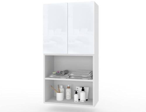 Euro Style Badezimmerschränke Hängeschrank Weiß/Weiß Hochglanz Waschmaschinen-Schrank 60 cm